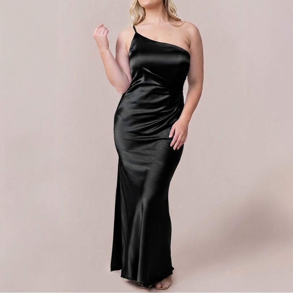 REVERLY Jade Satin One-Shoulder Black Maxi Dress Quiet Luxury Bridesmaid Wedding